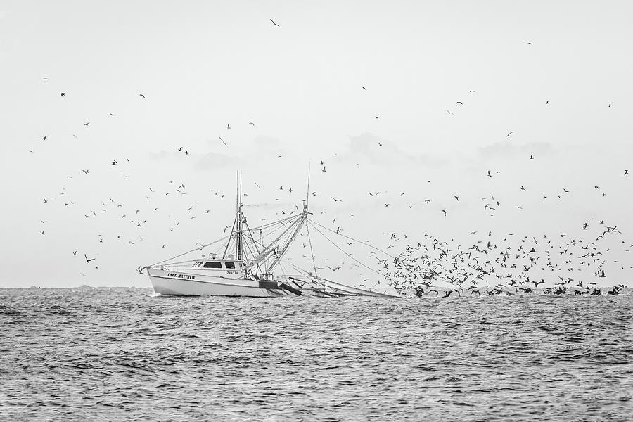 Shrimp Boat on the Atlantic in black and white Photograph by Joni Eskridge