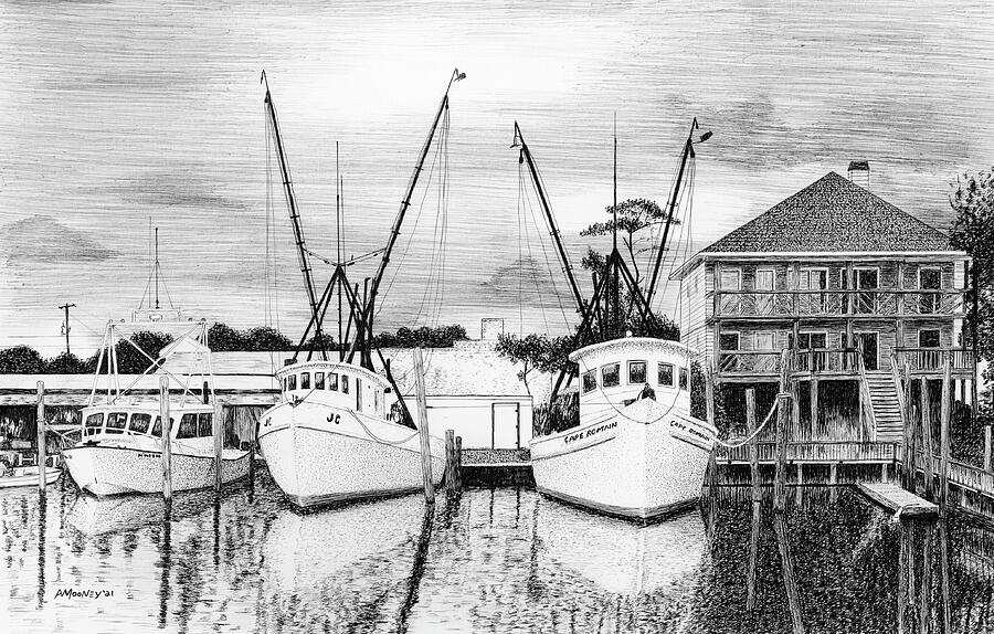 Shrimp Boats at Carolina Beach Drawing by Andy Mooney