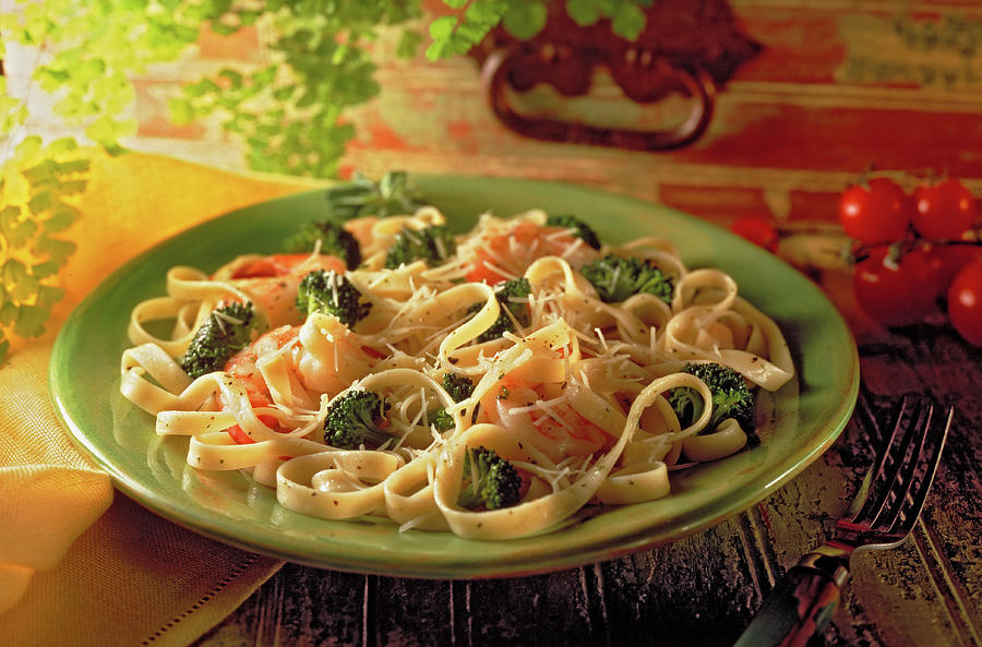 Shrimp pasta and broccoli  Photograph by Thomas Firak