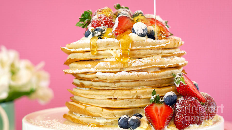 Cake Photograph - Shrove Pancake Tuesday stack of pancakes cake. by Milleflore Images
