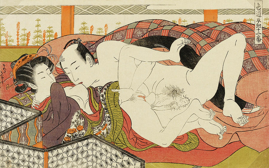 Nude Painting - Shunga, Kissing Her Breast by Isoda Koryusai