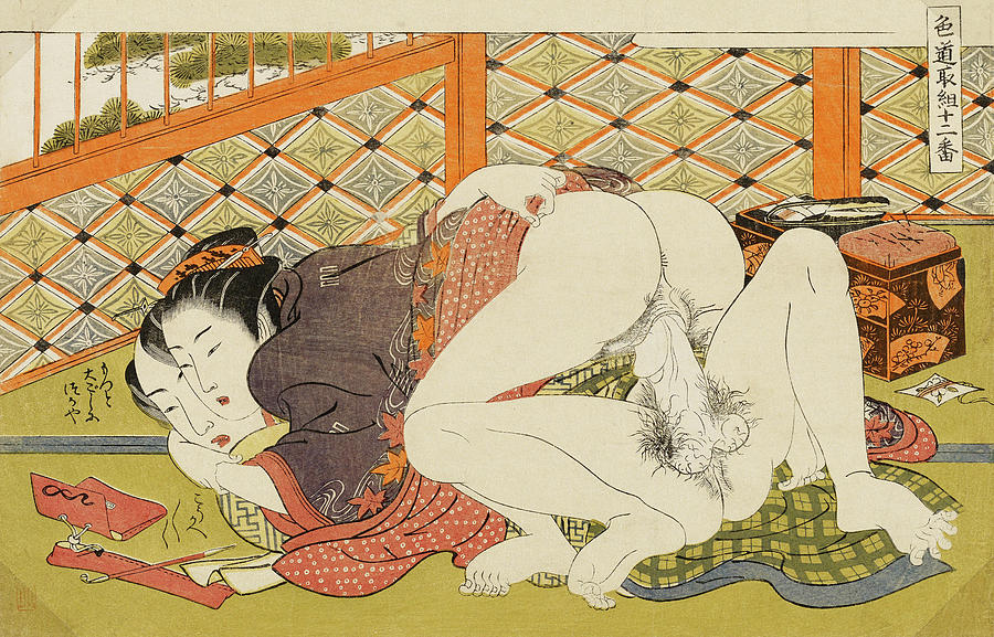 Nude Painting - Shunga, Seamstress and her Lover by Isoda Koryusai
