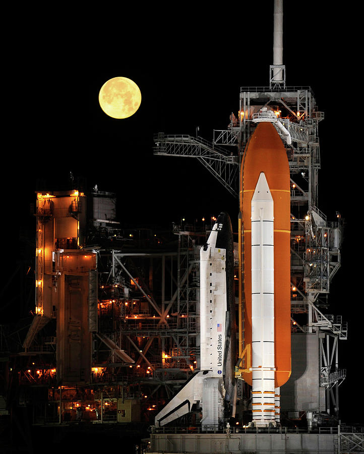 Discovery Photograph - Shuttle Discovery With Moon by Nasa