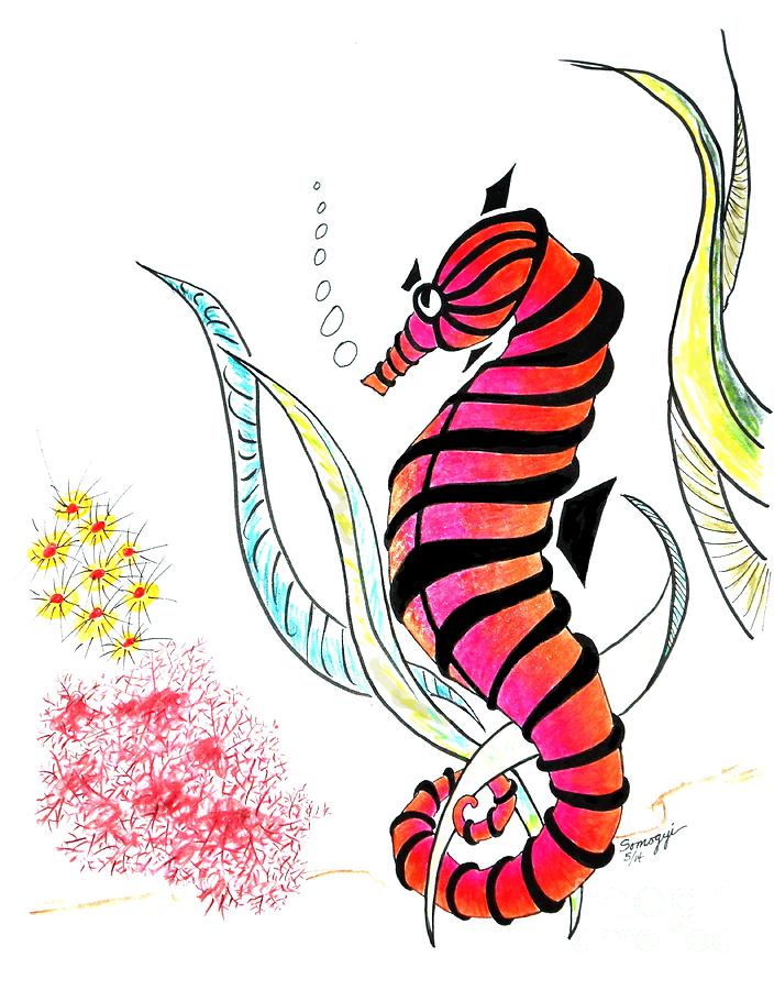 Shy Seahorse -- Whimsical Seahorse/Underwater Scene Drawing by Jayne Somogy