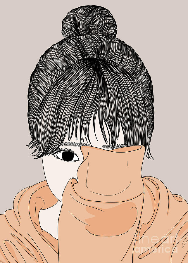 Shy Women Hiding Her Face - Line Art Graphic Illustration Artwork Digital Art by Sambel Pedes