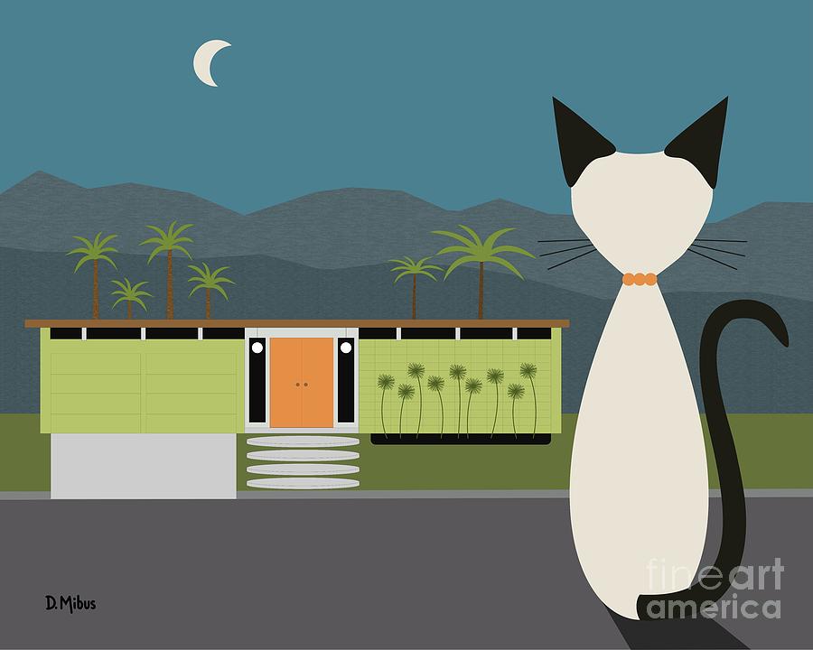 Siamese Cat Admires Mid Century House Digital Art by Donna Mibus