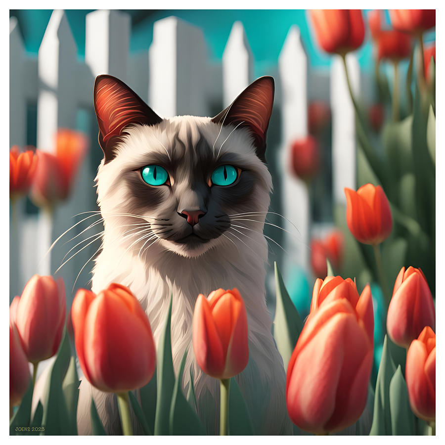 Siamese Cat and tulips Digital Art by Greg Joens