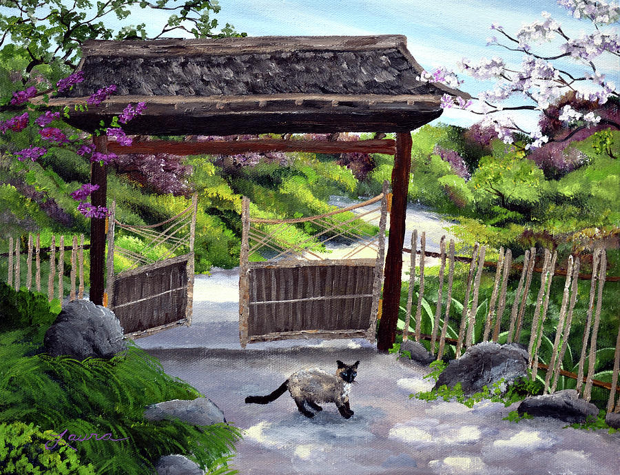 Spring Painting - Siamese Cat at Hakone Side Gate by Laura Iverson