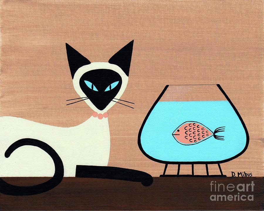 Siamese Cat Behaving Himself next to Fish Bowl Painting by Donna Mibus