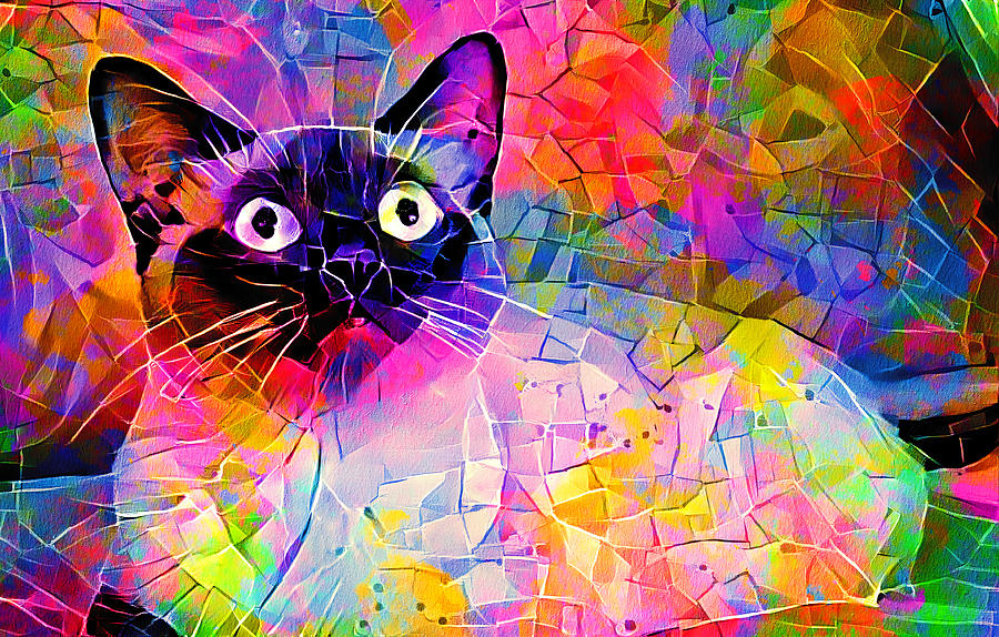 Siamese cat with a worried expression - colorful irregular tiles mosaic effect Digital Art by Nicko Prints