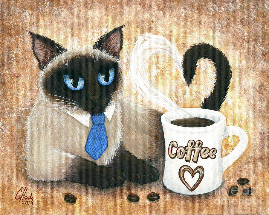 Coffee Bean Painting - Siamese Coffee Cat - Dapper Cat by Carrie Hawks