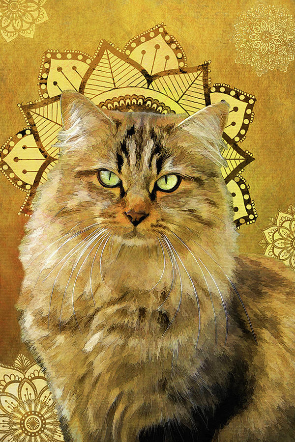 Siberian Cat with Gold Mandalas Mixed Media by Peggy Collins