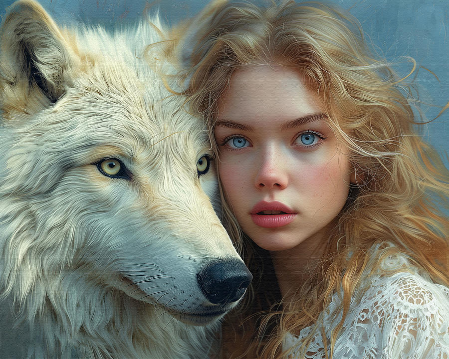 Siberian Girl and Tundra Wolf - A Masterpiece of Imagination Digital Art by Lena Owens - OLena Art Vibrant Palette Knife and Graphic Design