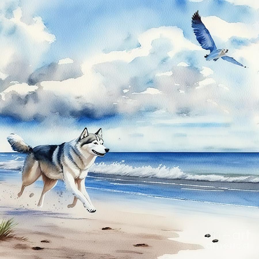 Abstract Painting - Siberian Husky running at beach by N Akkash Abstract Painting - Siberian Husky running at beach by N Akkash