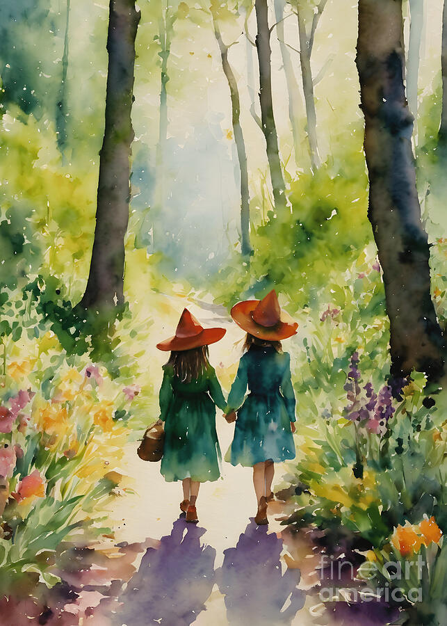 Witches Painting - Siblings Little Sister Witches in Spring Woods by Lyra OBrien