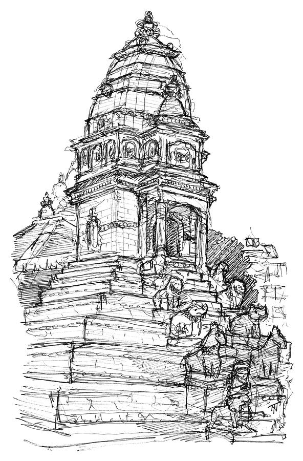 Siddhi Vatsala Temple - Bhaktapur Drawing by Tom Napper