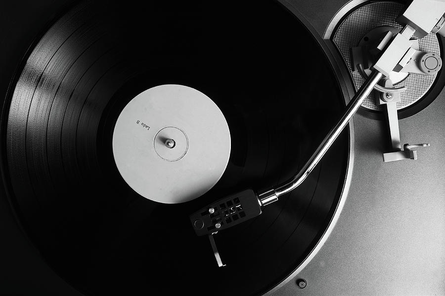 Side B Label Vinyl Record on a Turntable in Monochrome Photograph by Angelo DeVal