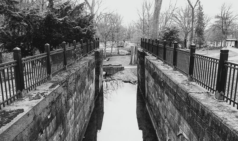 Side Cut Park Canal Locks Black And White Photograph by Dan Sproul