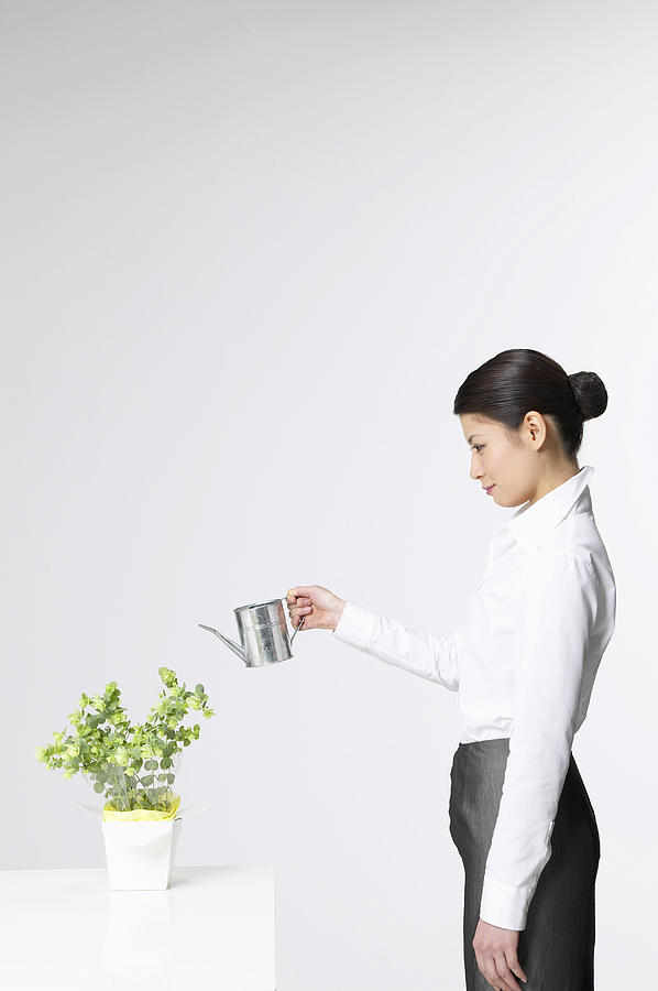 Side View of a Woman Watering a Bonsai Tree With a Watering Can Photograph by Mash