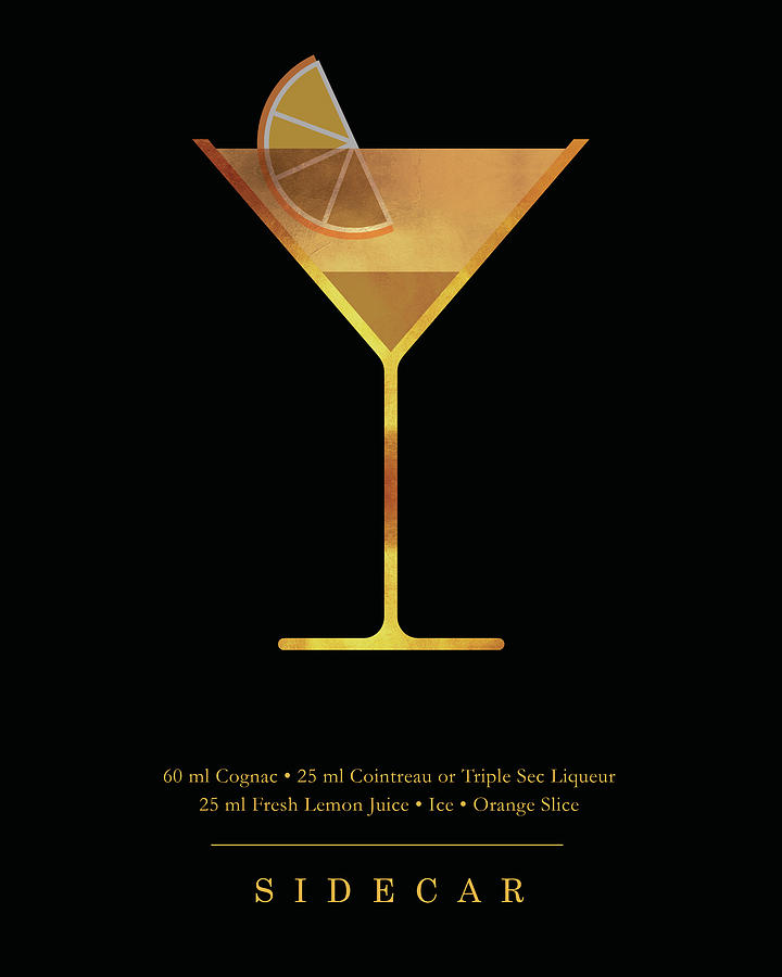 Sidecar Cocktail - Classic Cocktail Print - Black And Gold - Modern, Minimal Lounge Art Digital Art