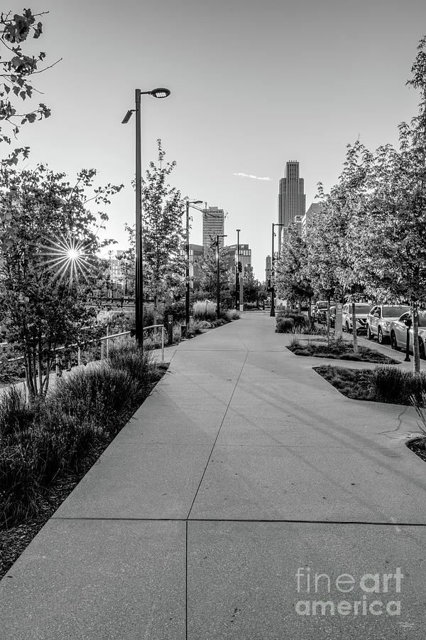 Sidewalk Evening In Downtown Omaha Grayscale Photograph by Jennifer White