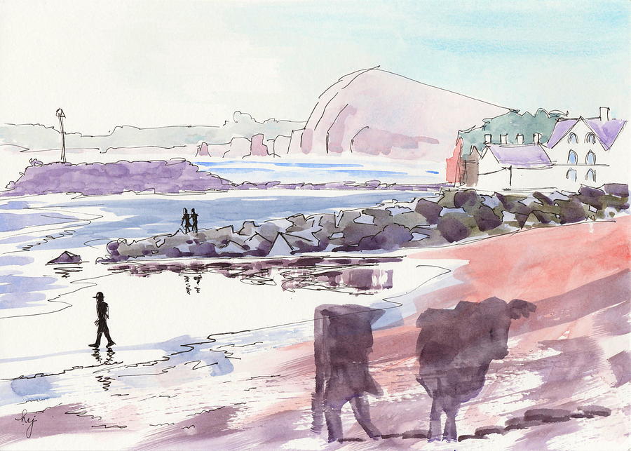 Sidmouth beach watercolour surreal painting Drawing by Mike Jory