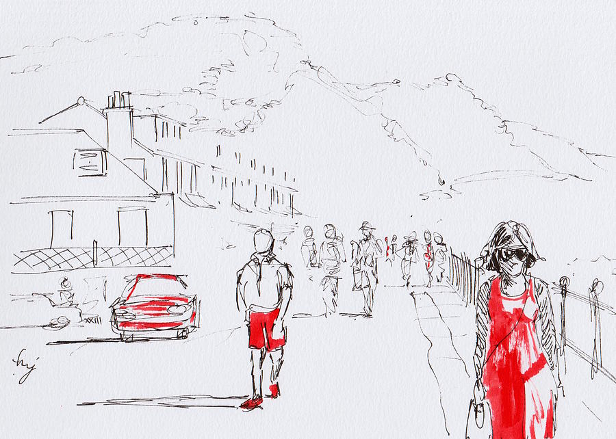 Sidmouth Seafront People Walking Drawing  Drawing by Mike Jory