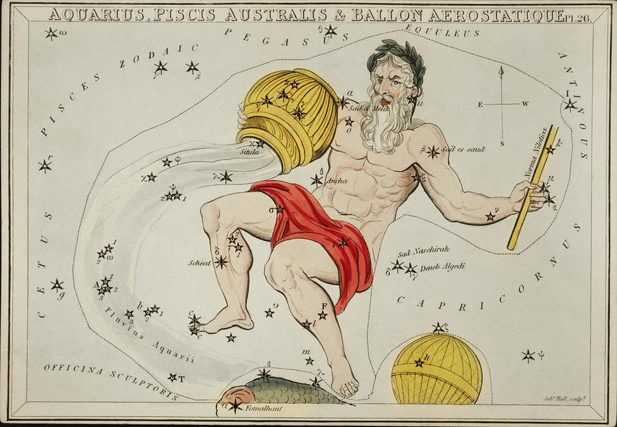 Map Painting - Sidney Halls - 1831 astronomical chart  of the zodiacs Aquaris Piscis Australis and Ballon Aerostati by Les Classics