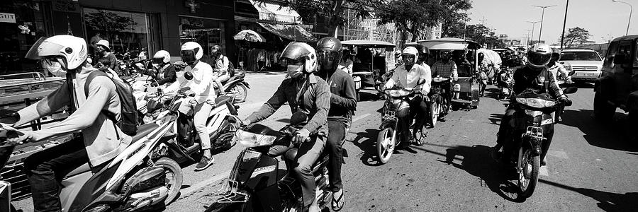 Siem Reap cambodia street motorbikes black and whiite Photograph by Sonny Ryse