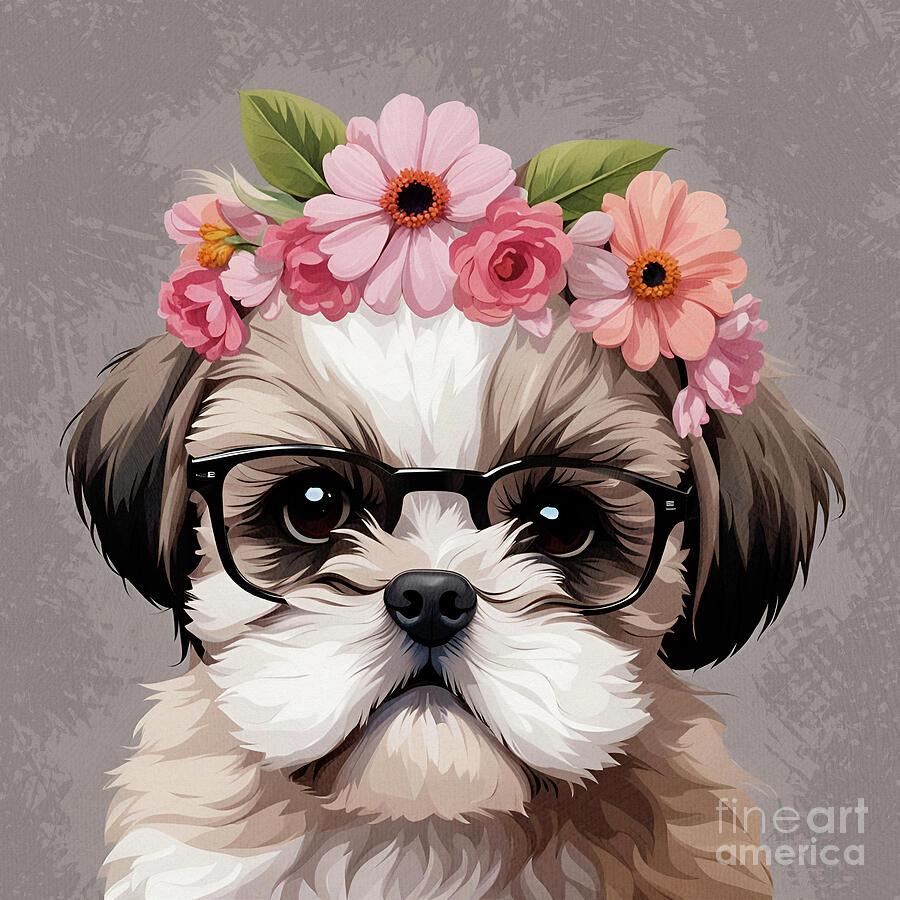 Dog Digital Art - Siena Baby Shih Tzu Puppy Wearing Glasses by Tina Lavoie