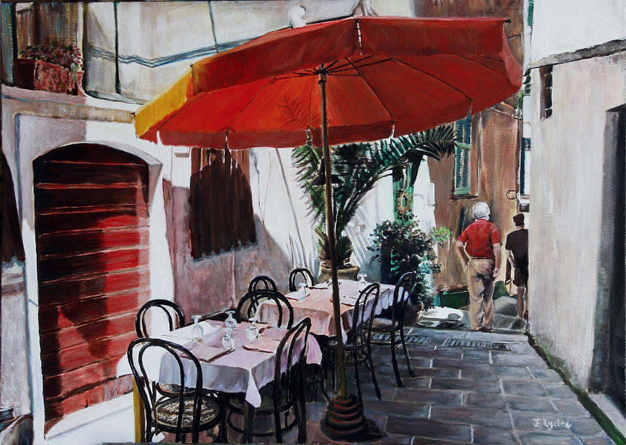 Cafe Painting - Red Umbrella Outdoor Cafe by Jennifer Lycke Cafe Painting - Red Umbrella Outdoor Cafe by Jennifer Lycke
