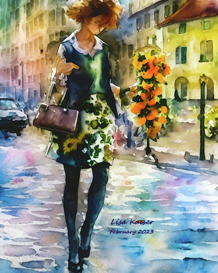 Signed City Woman With Flowers Painting by Lisa Kaiser