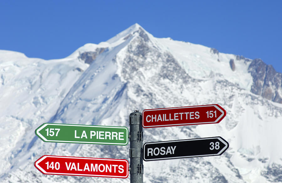 Signpost for slopes, Mont Blanc Massif behind, St. Gervais-Mont Blanc skiing region, Savoys, Haute Savoie, France, Europe Photograph by Guenter Fischer