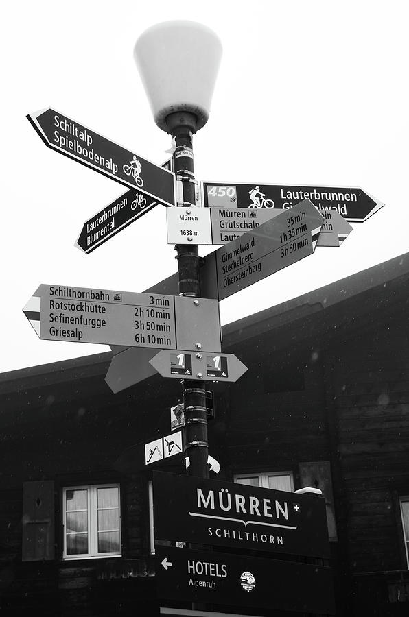 Signpost in Jungfrau Village of Murren Switzerland Black and White Photograph by Shawn OBrien