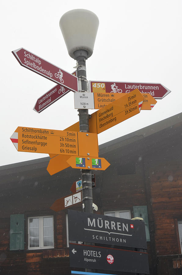 Signpost in Jungfrau Village of Murren Switzerland Photograph by Shawn OBrien
