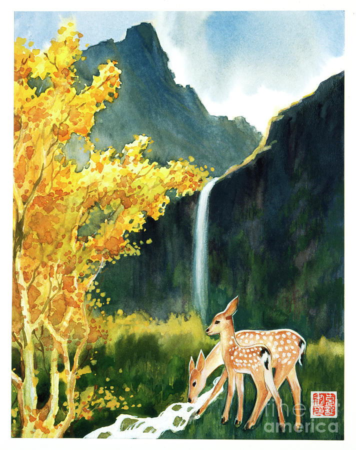 Sika Deer - Doe And Fawn Painting by Zhang Kerang