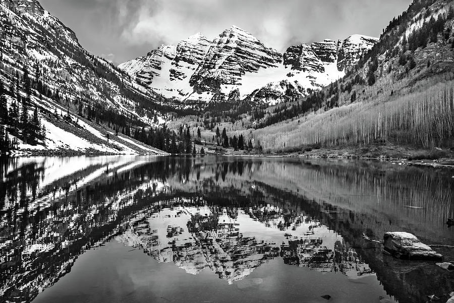 Silent Serenity - Monochrome Reflections at Maroon Bells Photograph by Gregory Ballos