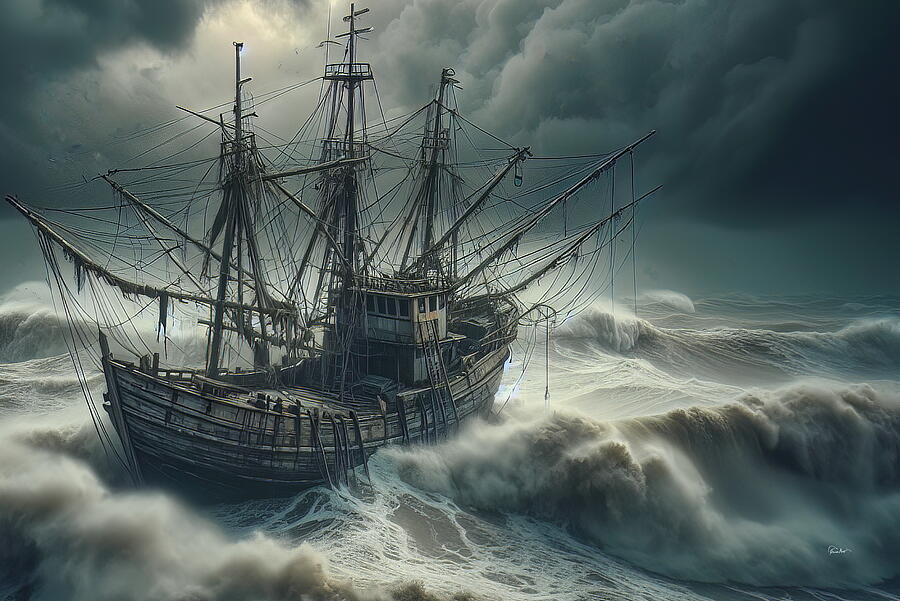 Silent Witness - The Weathered Relic of a Fishing Boat Lost in the Stormy Abyss Digital Art by Russ Harris