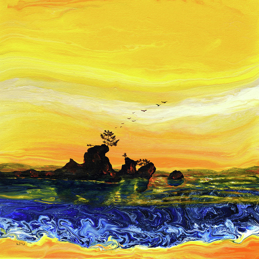 Siletz Bay Sunset In Golden Yellow And Blue Painting