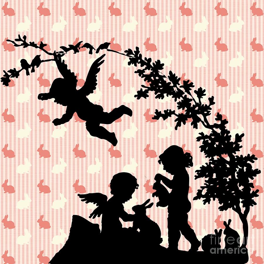 Silhouette of a Child with Angels Bunnies and Birds Digital Art by Rose Santuci-Sofranko