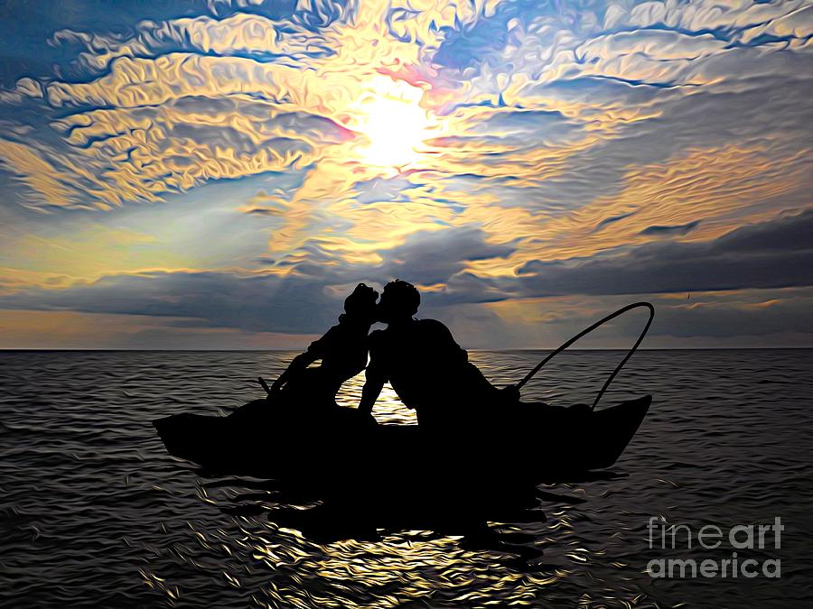 Silhouette of a Couple Kissing In a Boat on a Lake Under The Evening Sun Expressionistic Effect Mixed Media by Rose Santuci-Sofranko