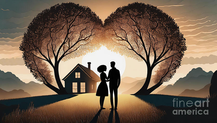 Valentines Day Digital Art - Silhouette of a romantic couple at sunset near two heart-shaped trees by Viktor Birkus