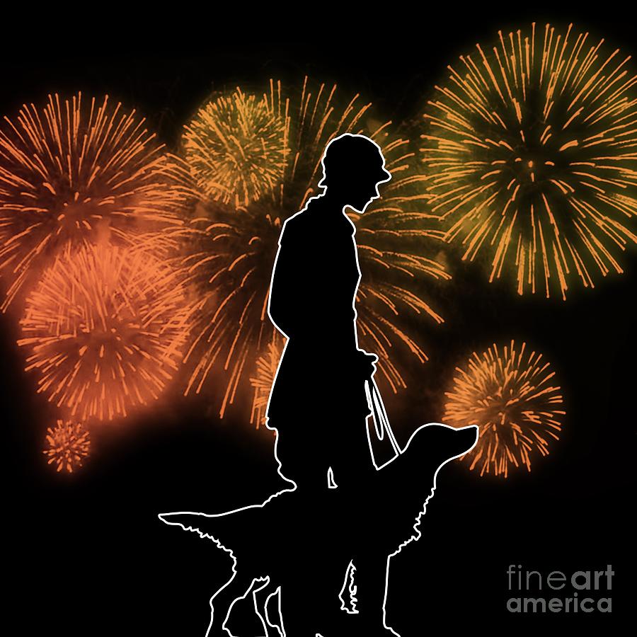 Silhouette of a Soldier and Their Dog and Fireworks Digital Art by Rose Santuci-Sofranko