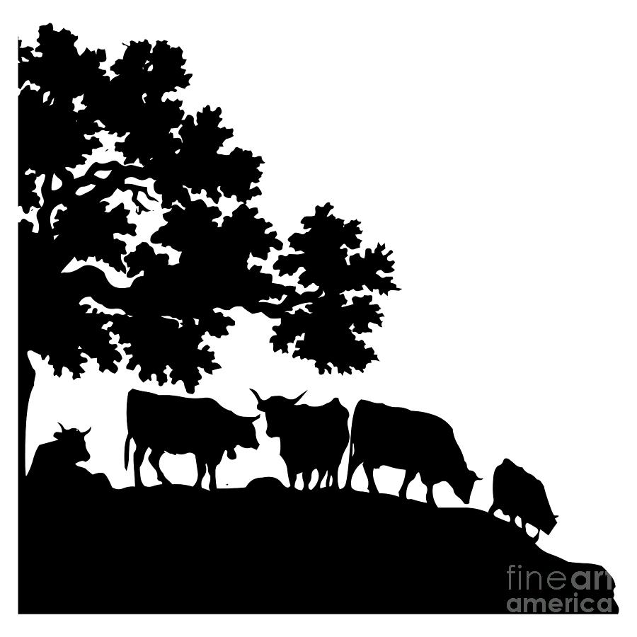 Silhouette of a Tree and Cows on a Hill Digital Art by Rose Santuci-Sofranko