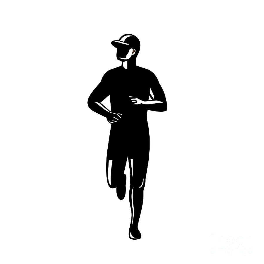 Vintage Digital Art - Silhouette of Country Marathon Runner Running Front View Retro Black and White by Aloysius Patrimonio