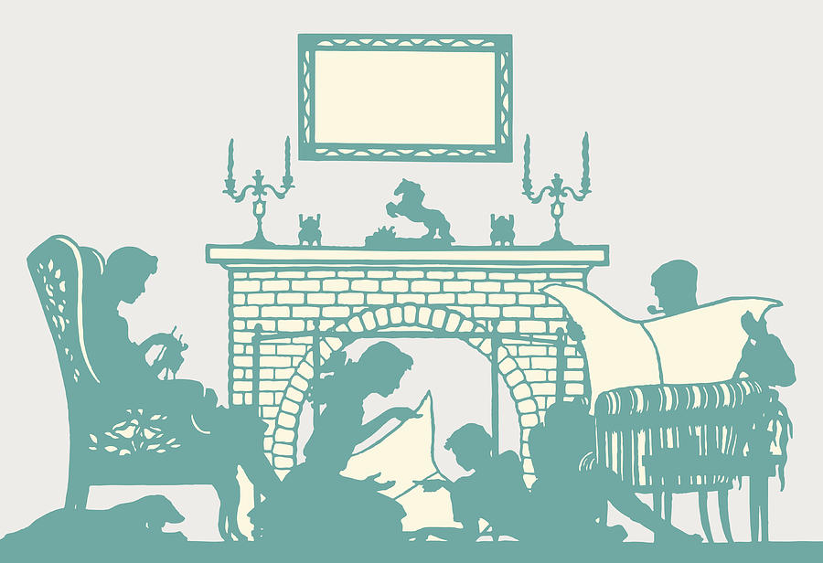 Silhouette of Family in Front of Fire Drawing by CSA-Archive