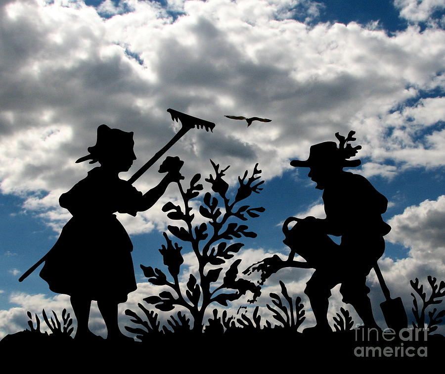 Silhouette of Gardeners with a Cloud Filled Sky Mixed Media by Rose Santuci-Sofranko