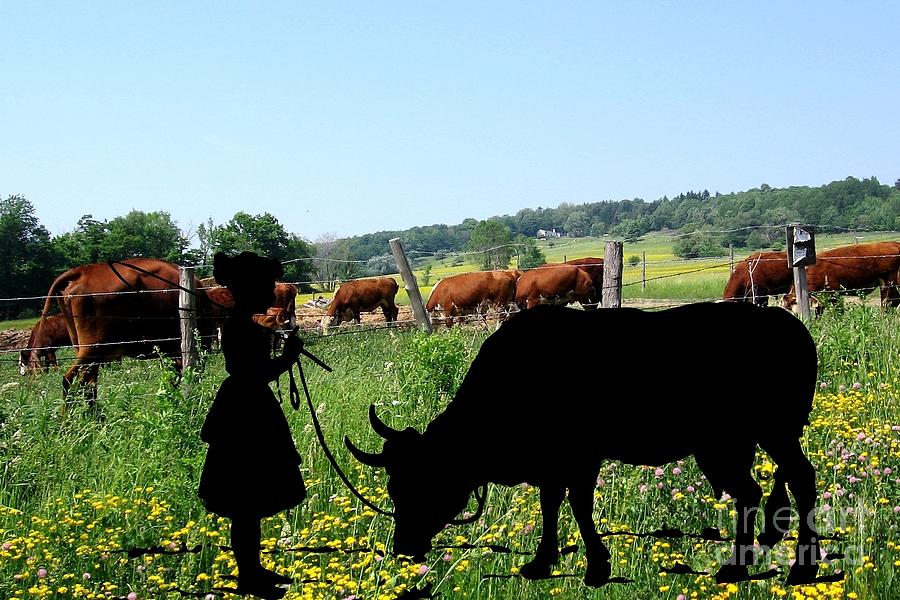 Silhouette of Girl with a Bull and Cows in a Field in WNY Mixed Media by Rose Santuci-Sofranko