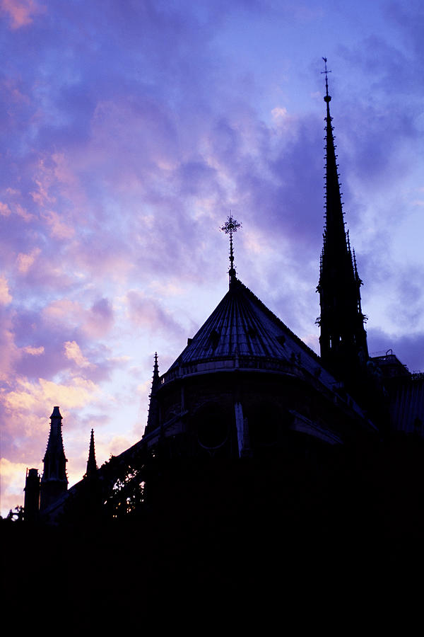 Silhouette of Notre Dame and its flying buttresses; Paris, France. Photograph by Thinkstock