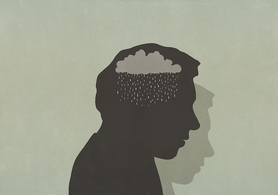 Silhouette of sad man with rain cloud in head Drawing by Malte Mueller